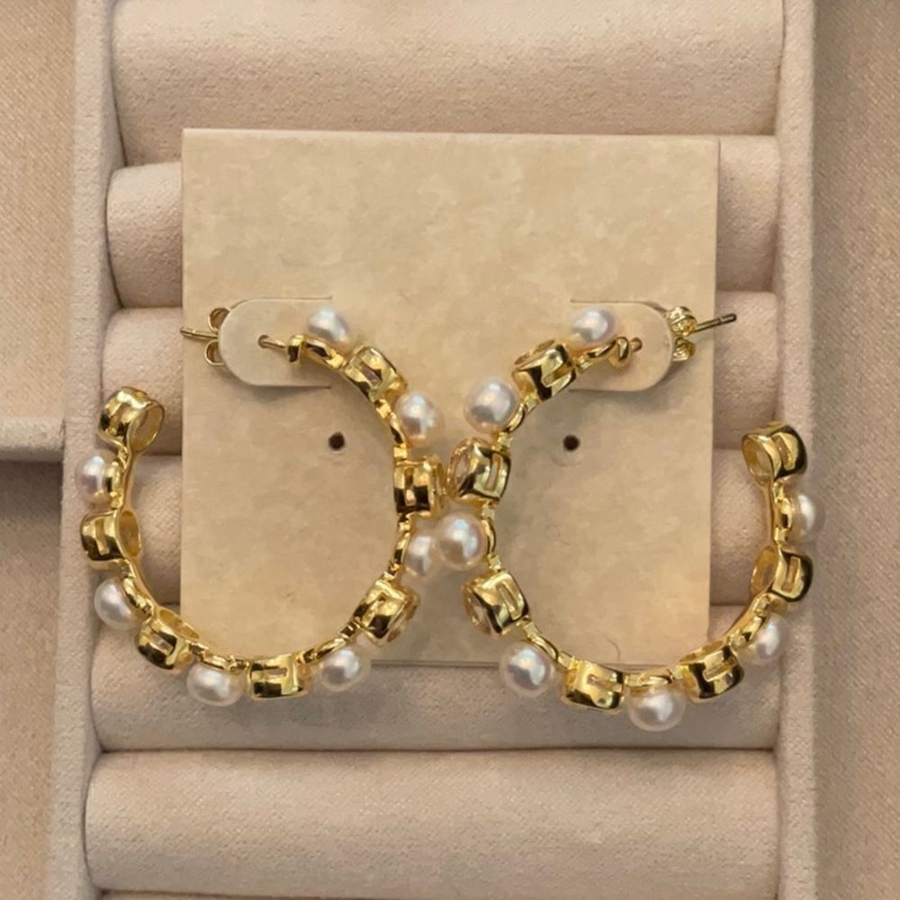 Faux Pearl and Crystal Hoop Earrings | 1.5” Diameter